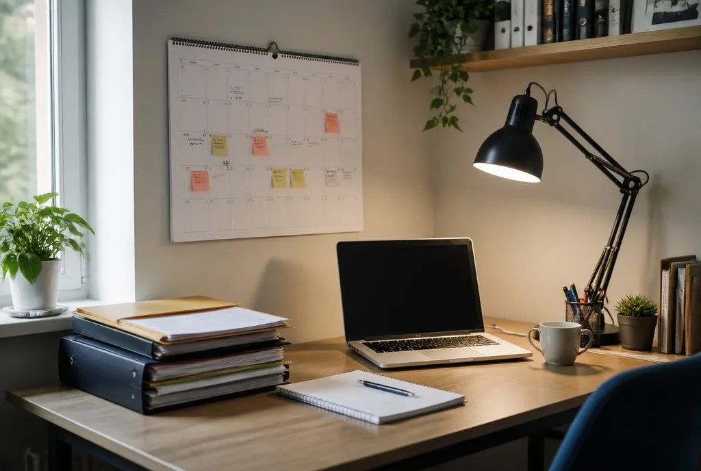 Arbeitsecke mit Terminkalender und Laptop